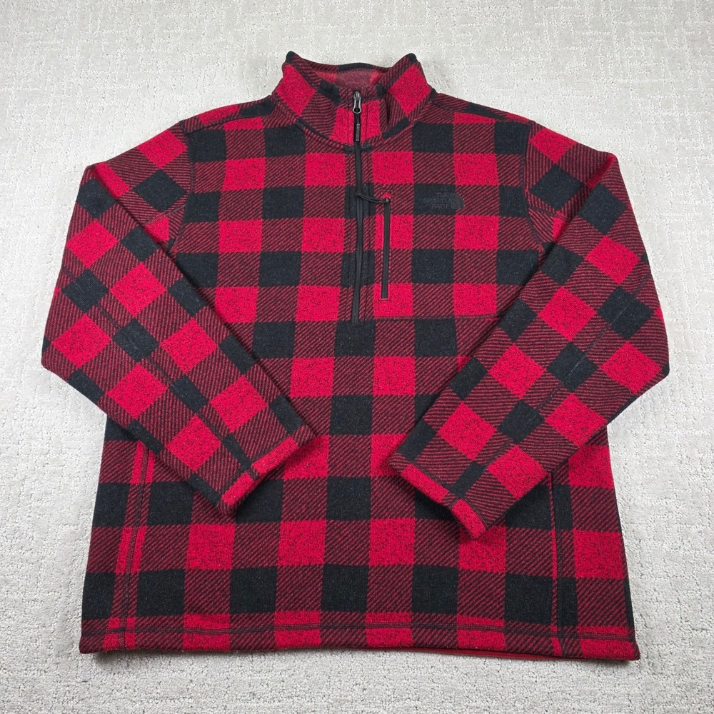 The North Face Mens XL Red Black Buffalo Plaid 1/4 Zip Fleece Pullover Jacket